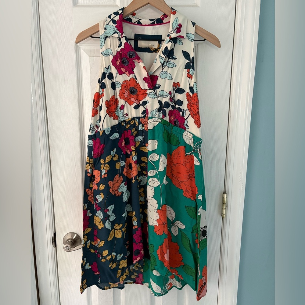 Anthropologie color block floral collared tank dress with pockets size 4 petite